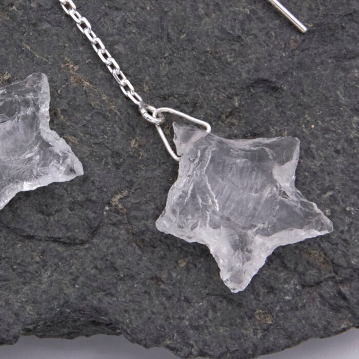 Crystal Quartz Rough Cut Chunky Star Sterling Silver Threaders close up of star on dark grey stone