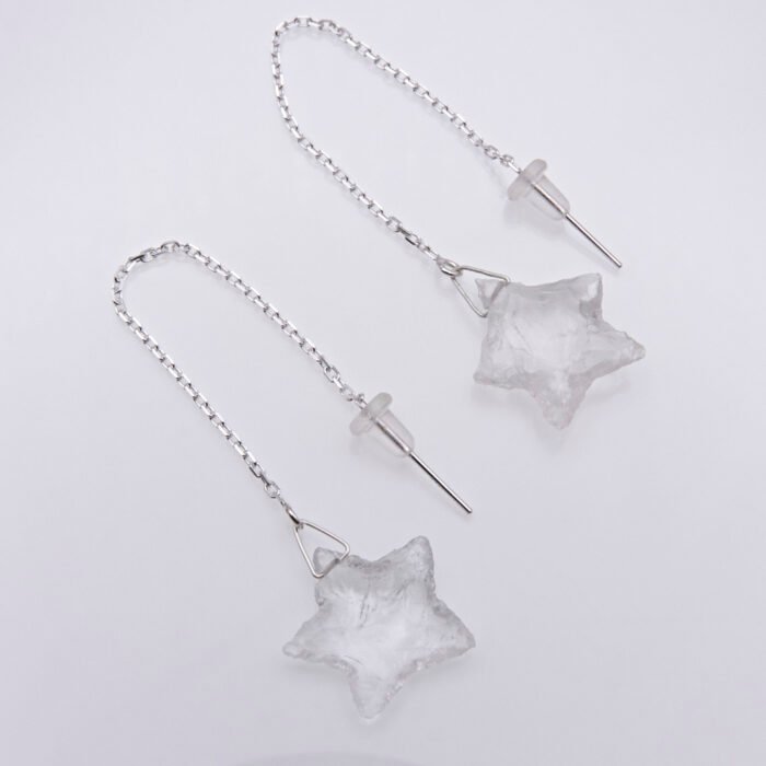 Crystal Quartz Rough Cut Chunky Star Sterling Silver Threader Earrings shown viewed from above on white surface