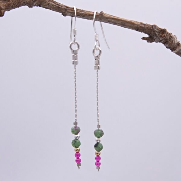Ruby and Ruby Zoisite Sterling Silver Dangle Earrings shown hanging from twig
