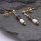 Smoky Quartz, Pyrite and Freshwater Rice Pearl Dangles on Gold Filled Ear Studs Smoky Quartz, Pyrite and Freshwater Rice Pearl Dangles on Gold Filled Ear Studs on dark grey stone