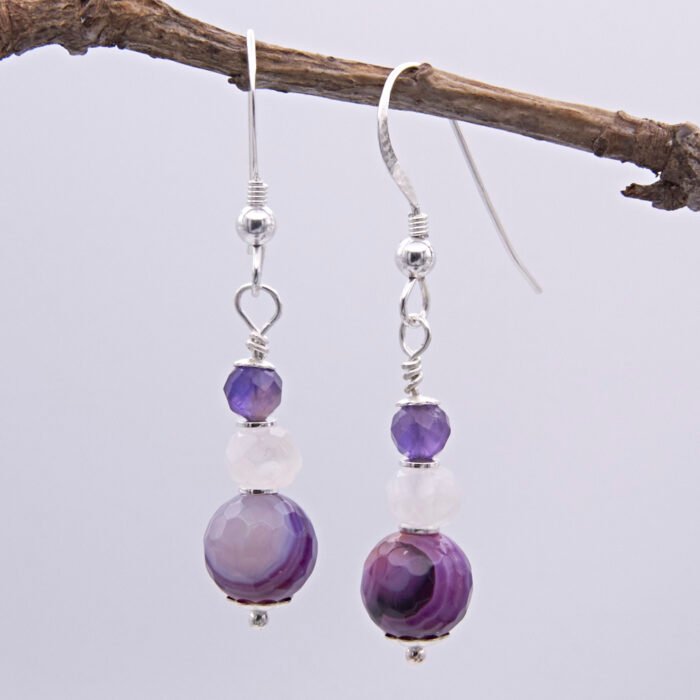 Purple Banded Agate, Rainbow Moonstone and Amethyst Sterling Silver Drop Earrings Purple Banded Agate, Rainbow Moonstone and Amethyst Sterling Silver Drop Earrings shown hanging from twig