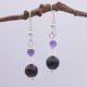 Amethyst, Rainbow Moonstone and Purple Banded Agate Stack Drop Sterling Silver Earrings shown hanging from twig