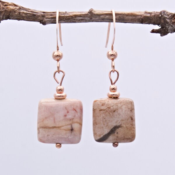 Zebra Jasper Rose Gold Filled Earrings shown hanging from twig