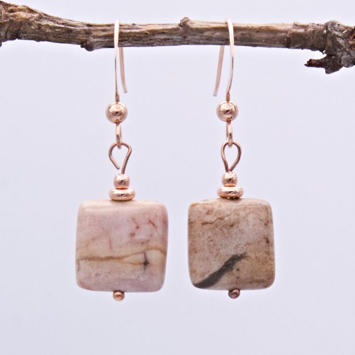 Zebra Jasper Rose Gold Filled Earrings shown hanging from twig