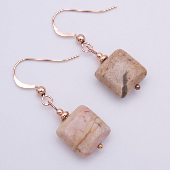 Zebra Jasper Rose Gold Filled Earrings shown laid flat on white surface