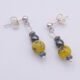 Yellow Turquoise and Hematite Sterling Silver dangles suspended from sterling silver stud ear posts with scroll backs, lying flat on white surface