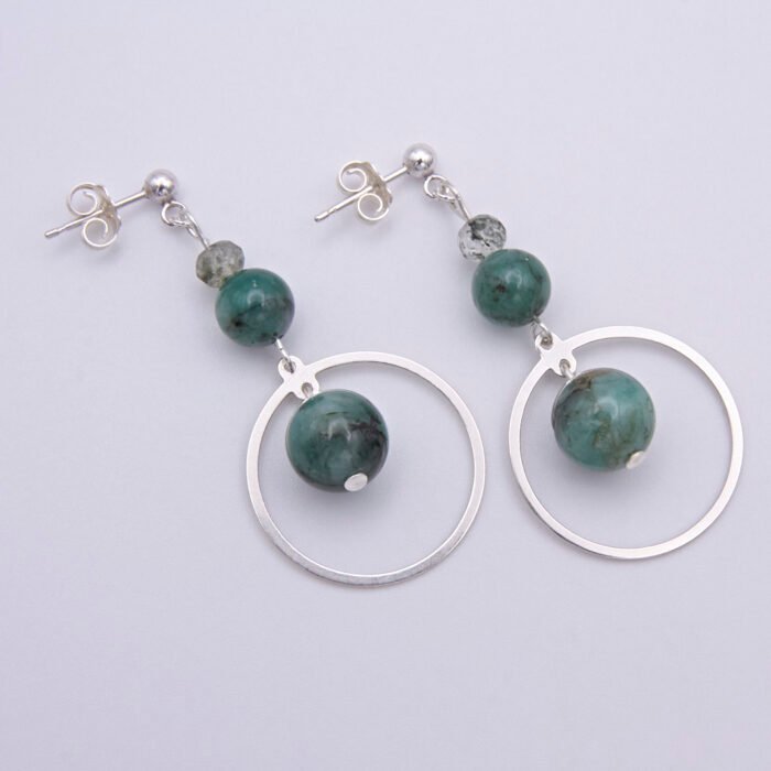 Emerald and Moss Quartz Sterling Silver Hoop Dangle Earrings shown from above on a plain white surface