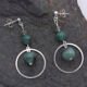 Emerald and Moss Quartz Sterling Silver Hoop Dangle Earrings viewed from above laid on dark grey stone