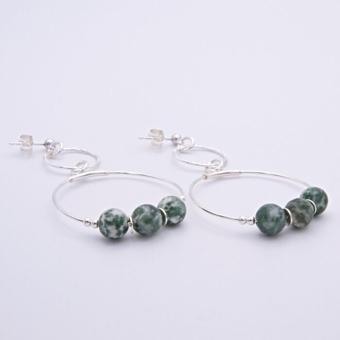 Green Spot Jasper Two-Hoop Sterling Silver Earrings side view of both earrings on plain white surface