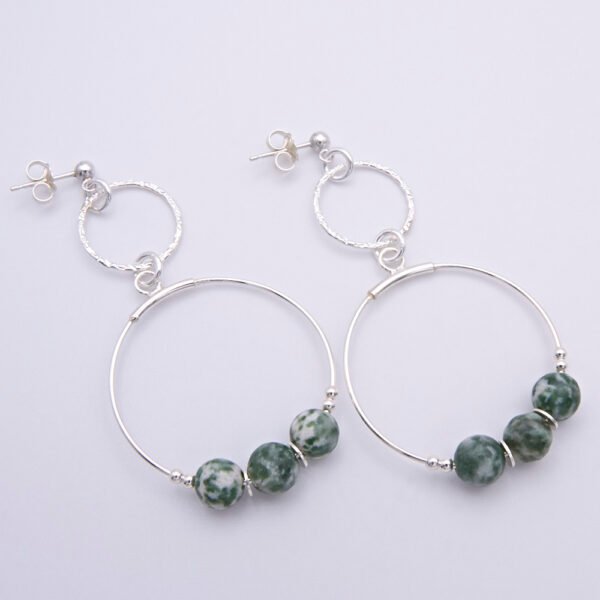 Green Spot Jasper Two-Hoop Sterling Silver Earrings shown from above on flat white surface
