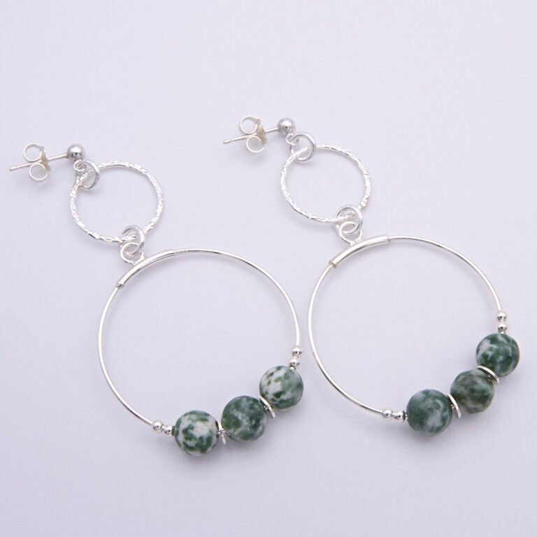 Green Spot Jasper Two-Hoop Sterling Silver Earrings shown from above on flat white surface