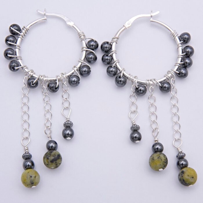 Yellow Turquoise and Hematite Wire-wrapped Hinged Hoop Dangle Sterling Silver Earrings shown side by side on flat white surface