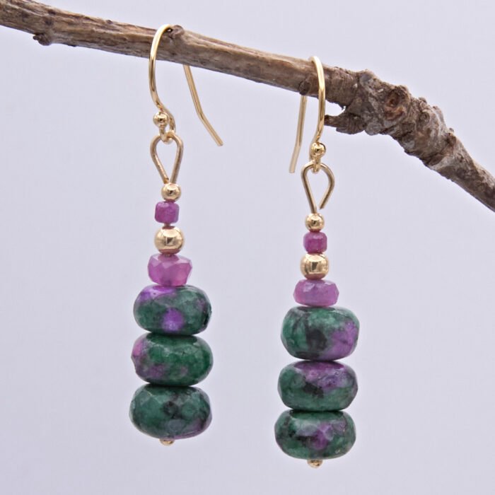 Ruby and Ruby Zoisite Gold Filled Stack Earrings shown hanging from twig