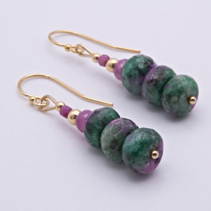 Ruby and Ruby Zoisite Gold Filled Stack Earrings shown laid flat on a white surface, shown from the side