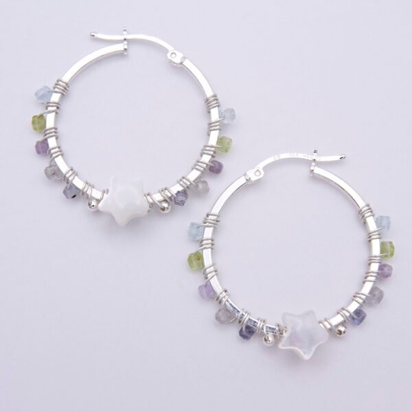 Mother of Pearl Star and mixed gemstone wire wrapped hinged hoop Sterling Silver Earrings shown laid flat on plain white background