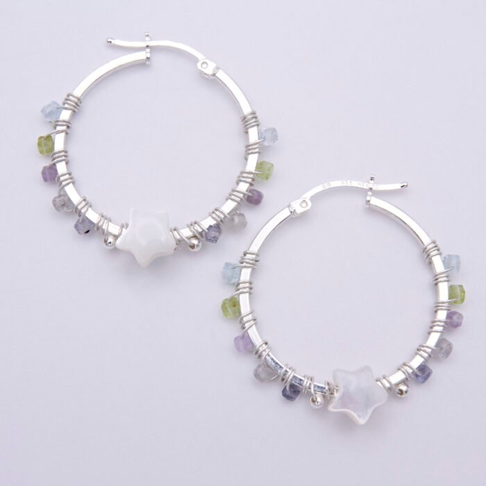 Mother of Pearl Star and mixed gemstone wire wrapped hinged hoop Sterling Silver Earrings Mother of Pearl Star and mixed gemstone wire wrapped hinged hoop Sterling Silver Earrings shown laid flat on plain white background