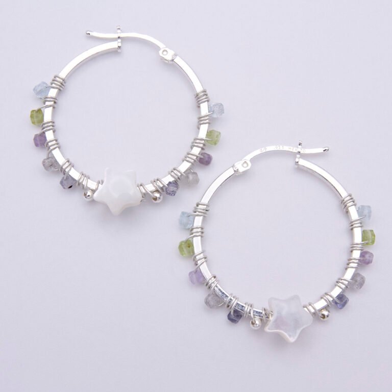 Mother of Pearl Star and mixed gemstone wire wrapped hinged hoop Sterling Silver Earrings Mother of Pearl Star and mixed gemstone wire wrapped hinged hoop Sterling Silver Earrings shown laid flat on plain white background
