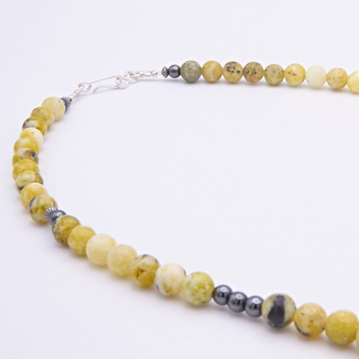 Yellow Turquoise and Hematite Bead Necklace close up of bead section including clasp