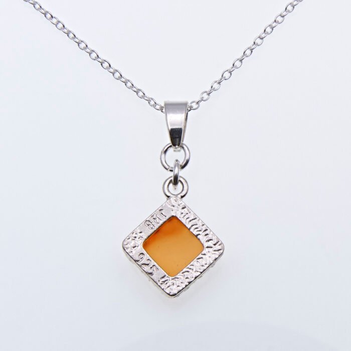 Carnelian Square Cabochon Sterling Silver Pendant Necklace close up showing reverse of bezel setting