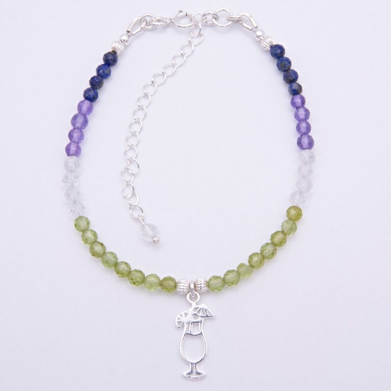 Cocktail Mixed Gemstone Sterling Silver Charm Bracelet shown viewed from above on plain white background