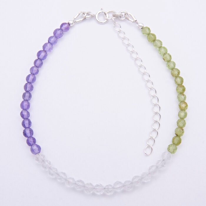 Genderqueer Flag Colours Amethyst, Crystal Quartz and Peridot Gemstone Bracelet with Sterling Silver clasp and extender chain, shown viewed from above on plain white background