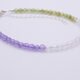 Genderqueer Flag Colours Amethyst, Crystal Quartz and Peridot Gemstone Bracelet with Sterling Silver clasp and extender chain, shown close up from the side, on a plain white background