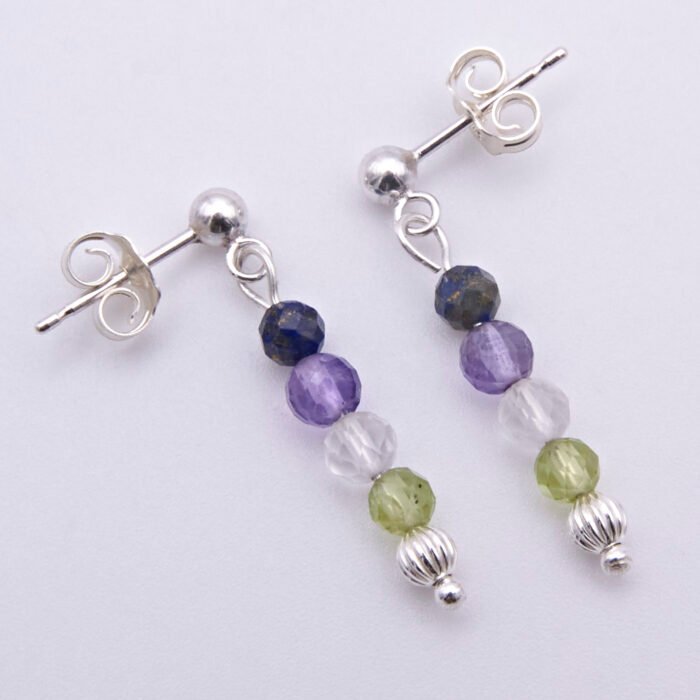 Lapis, Amethyst, Crystal Quartz and Peridot Gemstone Dangle Sterling Silver Stud Earrings shown laid flat on white surface