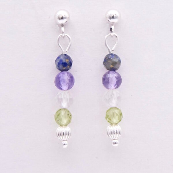 Lapis, Amethyst, Crystal Quartz and Peridot Gemstone Dangles on Sterling Silver Stud Earrings, shown hanging from white card