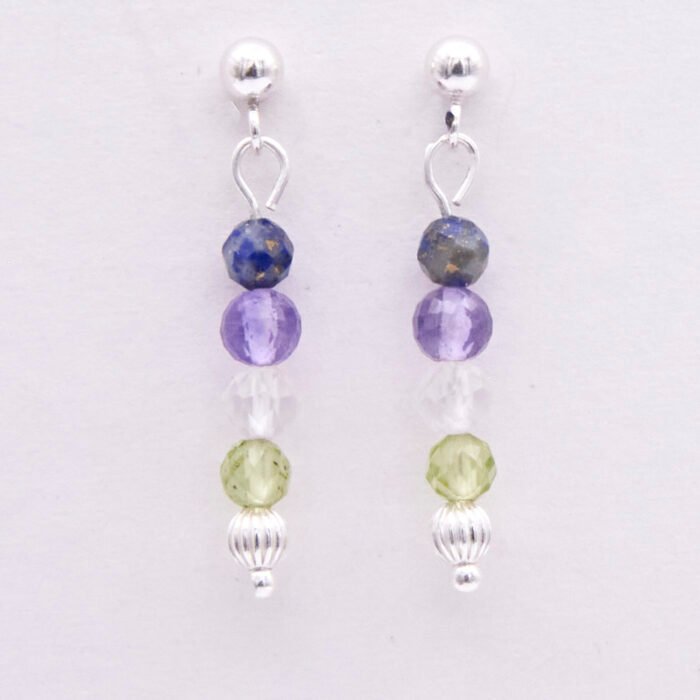 Lapis, Amethyst, Crystal Quartz and Peridot Gemstone Dangles on Sterling Silver Stud Earrings, shown hanging from white card