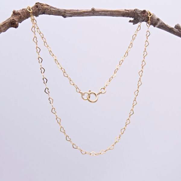 Tiny Hearts Gold Filled Ankle Chain shown hanging from twig