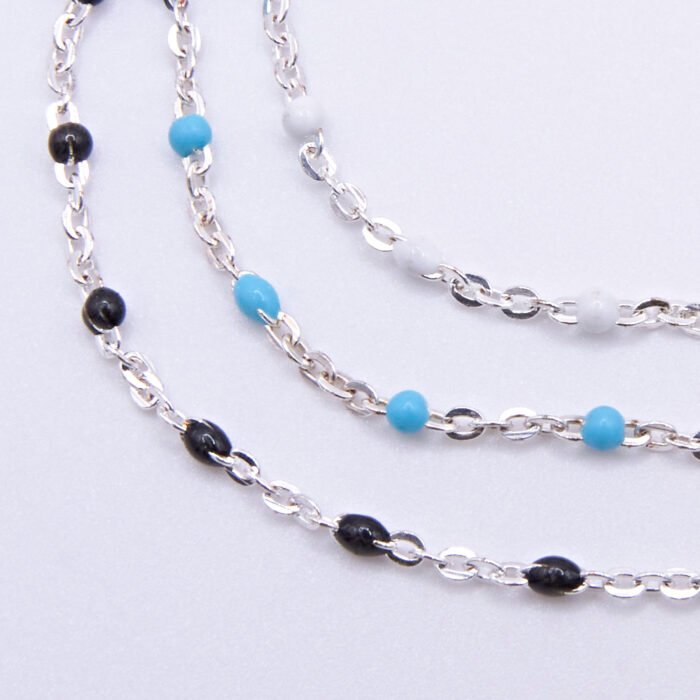 Sterling Silver Enamel Bead Bracelet or Necklace in turquoise, black or white, image shows a close-up of the three different colour chains on a plain white background