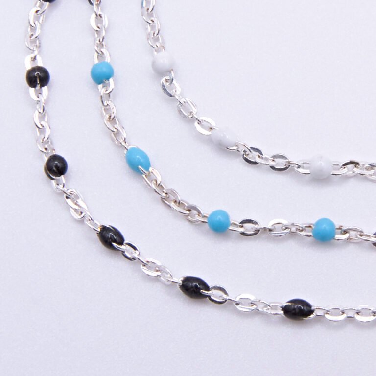 Sterling Silver Enamel Bead Bracelet or Necklace in turquoise, black or white, image shows a close-up of the three different colour chains on a plain white background
