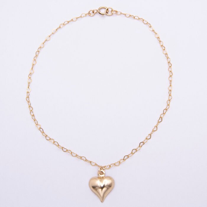 Gold Filled Heart Chain Bracelet with Gold Heart Charm, shown viewed from above on plain white background, with heart charm at the bottom of the image and clasp at the top