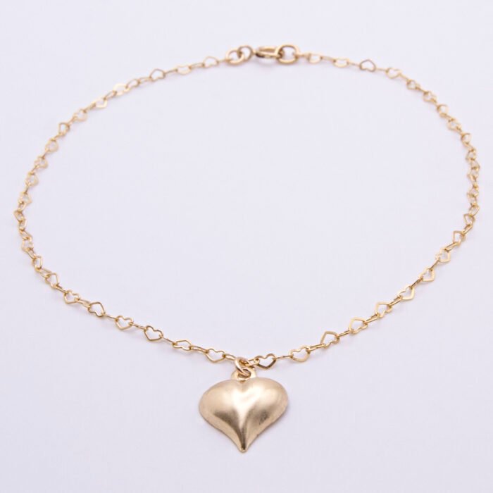 Gold Filled Heart Chain Bracelet with Gold Heart Charm, shown laid flat on plain white background, with closer shot of heart charm