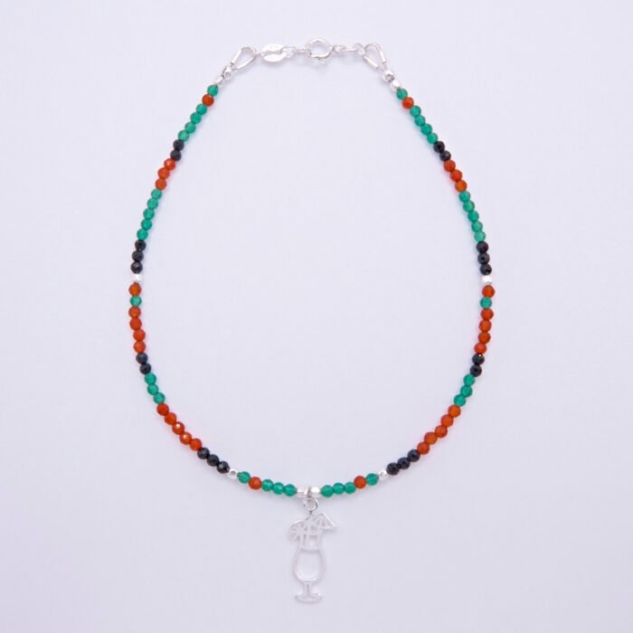 Green Onyx, Carnelian and Sapphire Sterling Silver Bracelet with Sterling Silver Cocktail Charm in the centre, shown viewed from above on plain white background