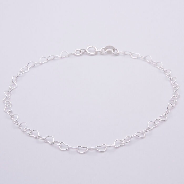 Sterling Silver Heart Link Chain Bracelet shown laid flat on plain white background