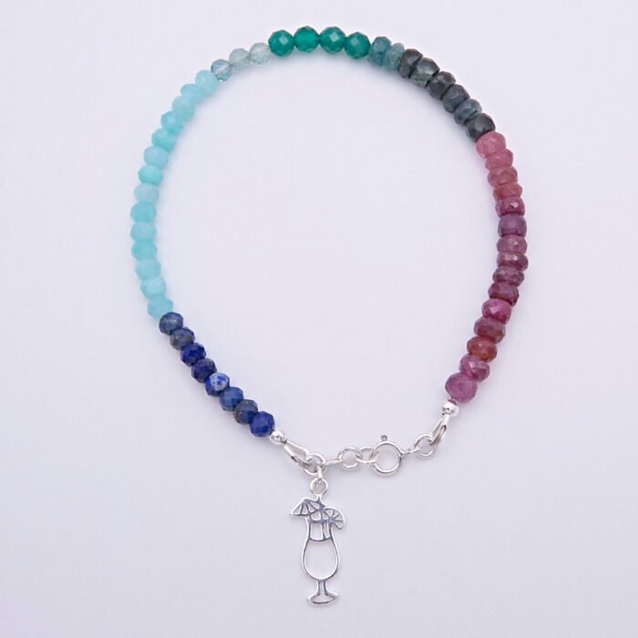 Mixed Gemstone Bracelet with Sterling Silver Cocktail Charm shown from above on plain white background with charm and clasp at the bottom of image