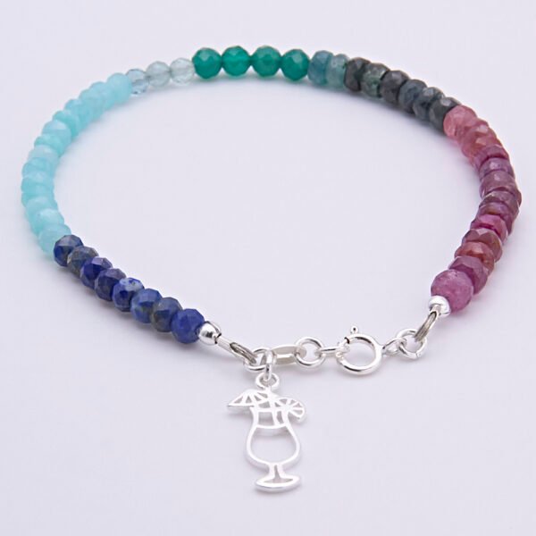 Mixed Gemstone Bracelet with Sterling Silver Cocktail Charm, shown on white background with charm and clasp to the front