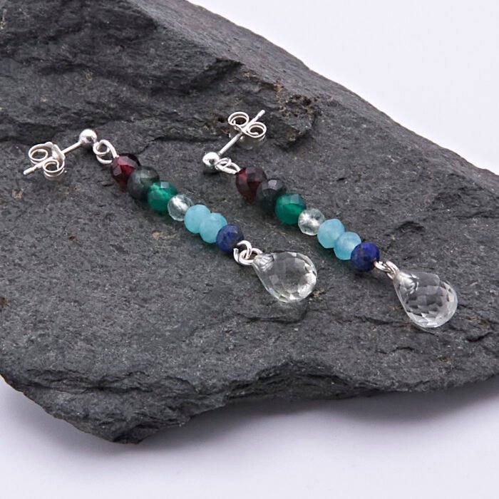 Mixed Gemstone Dangle Earrings on Sterling Silver posts sshown viewed from the side on dark grey stone