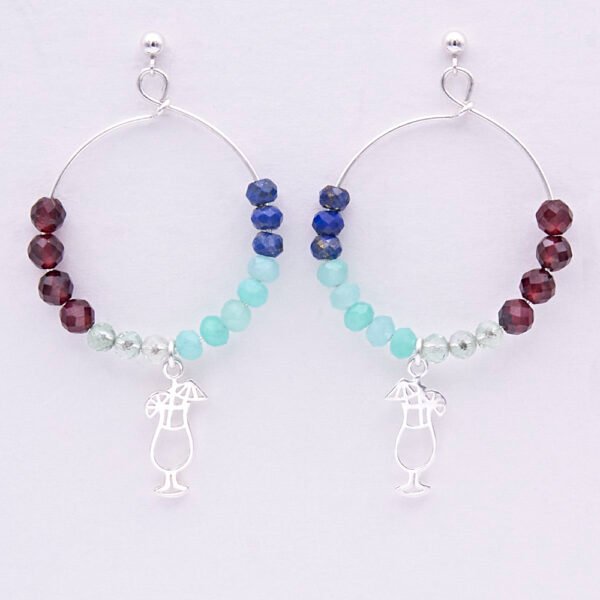 Mixed Gemstone Sterling Silver Hoop Earrings with Cocktail Charms, shown on earring display card