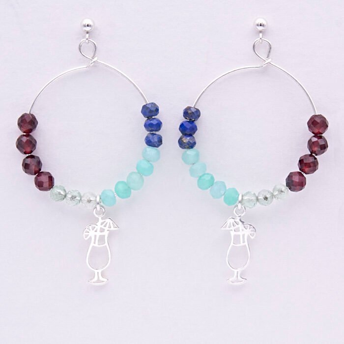 Mixed Gemstone Sterling Silver Hoop Earrings with Cocktail Charms, shown on earring display card