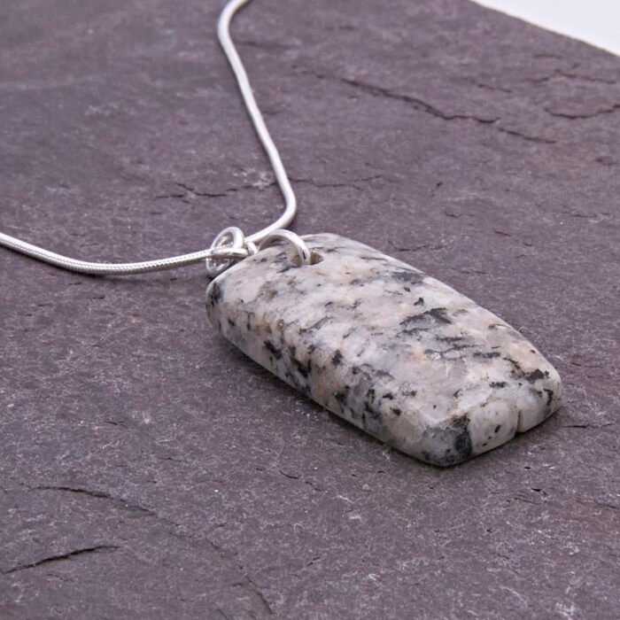 Edinburgh Royal Mile Cobblestone Pendant on Sterling Silver Snake Chain, image shows close-up side view of cobblestone pendant