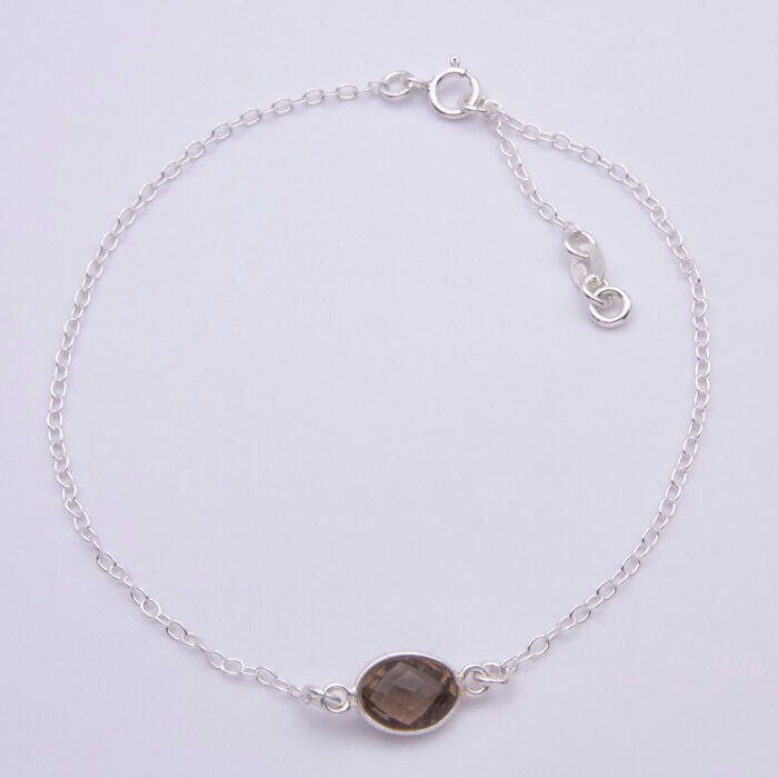 Smoky Quartz Oval Bezel-set Gemstone Sterling Silver Bracelet, shown from above on white background