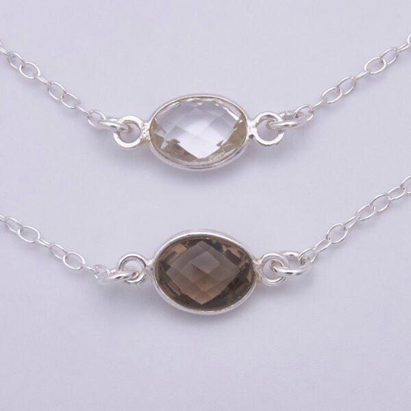 Crystal Quartz or Smoky Quartz Bezel-set Gemstone Sterling Silver Bracelet, image shows close-up of both stones on plain white background