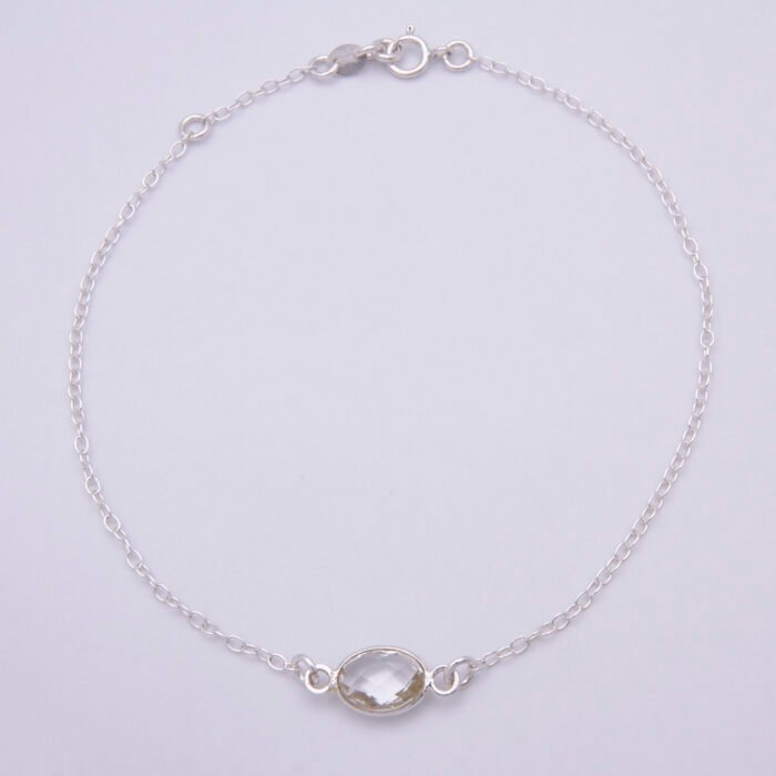 Crystal Quartz Oval Bezel-set Gemstone Sterling Silver Bracelet, shown from above on plain white background
