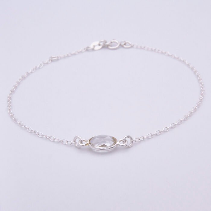 Crystal Quartz Oval Bezel-set Gemstone Sterling Silver Bracelet, shown from front on plain white background