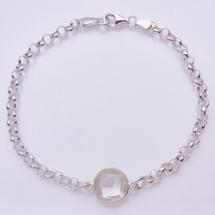 Crystal Quartz Chunky Belcher Chain Sterling Silver Bracelet, shown viewed from above on plain white background, with stone at the bottom and clasp at the top