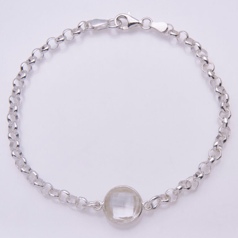 Crystal Quartz Chunky Belcher Chain Sterling Silver Bracelet, shown viewed from above on plain white background, with stone at the bottom and clasp at the top