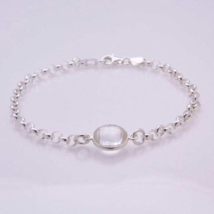 Crystal Quartz Chunky Belcher Chain Sterling Silver Bracelet, viewed from the front on plain white background