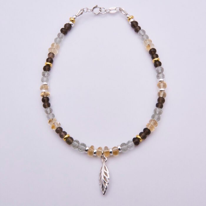 Smoky Quartz, Green Amethyst and Citrine Sterling Silver bracelet with 3D leaf charm, shown from above on white background